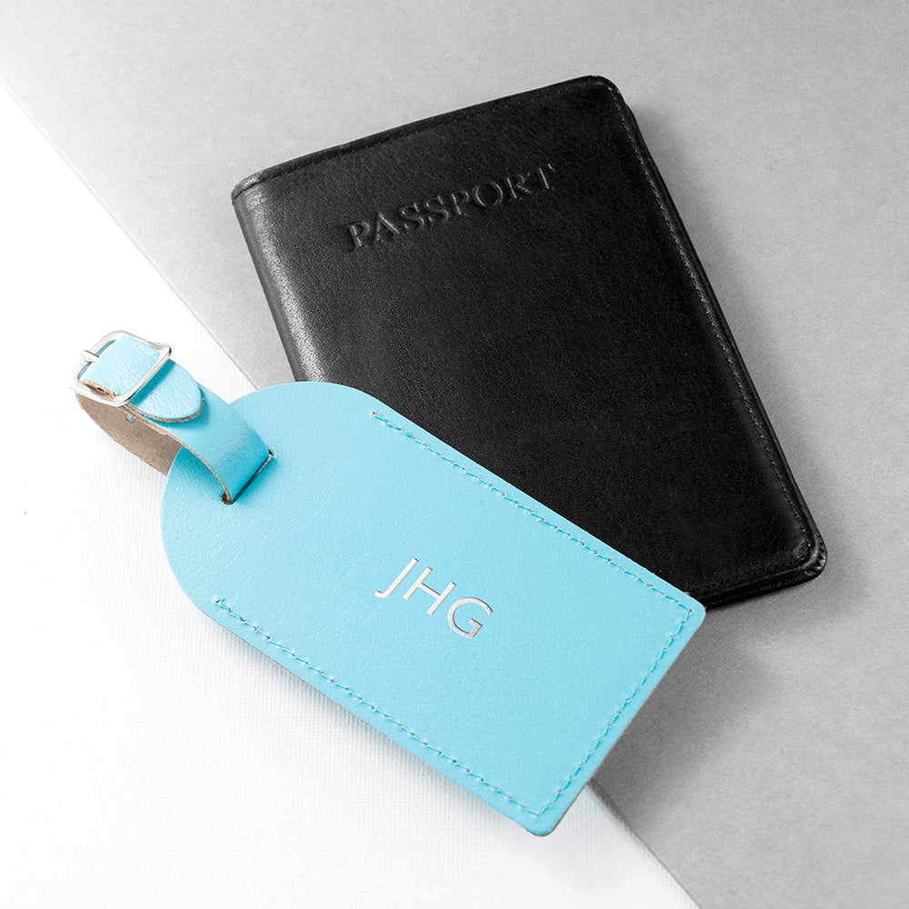 Personalised Pastel Blue Foiled Leather Luggage Tag - treat-republic