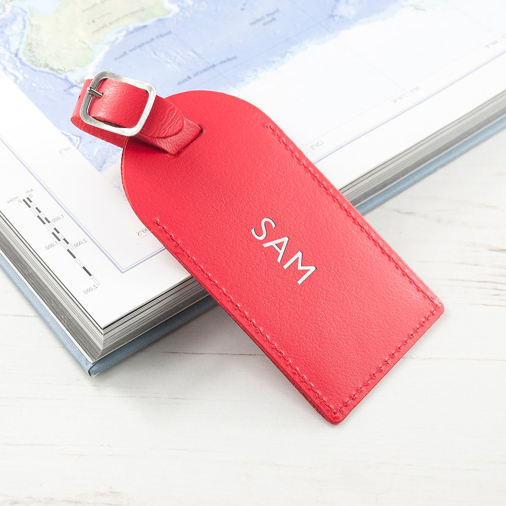 Personalised Red Foiled Leather Luggage Tag - treat-republic