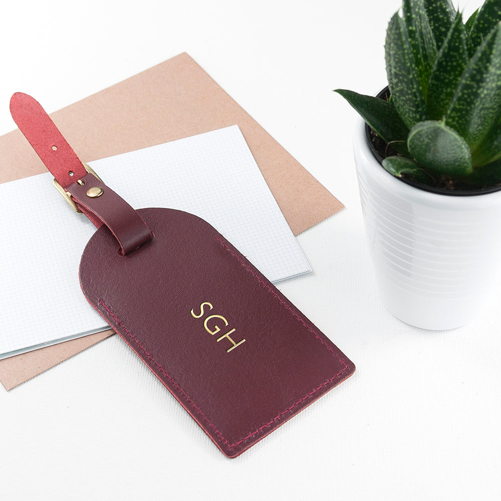 Personalised Burgundy Foiled Leather Luggage Tag - treat-republic