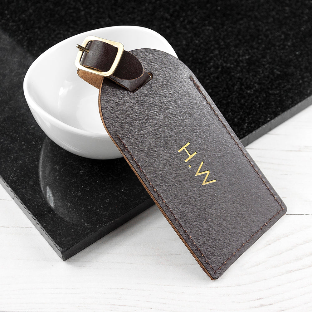 Personalised Brown Foiled Leather Luggage Tag - treat-republic