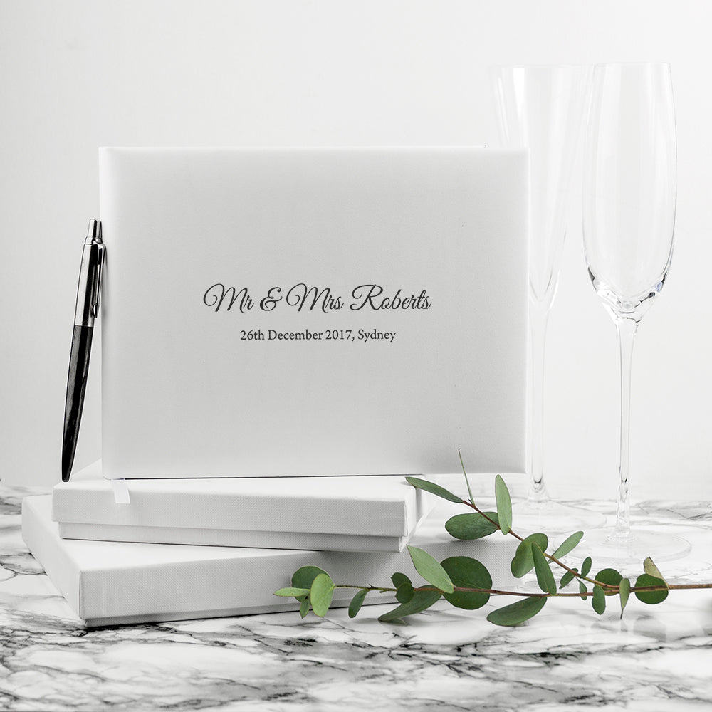 Engraved White Leather Wedding Guest Book - treat-republic
