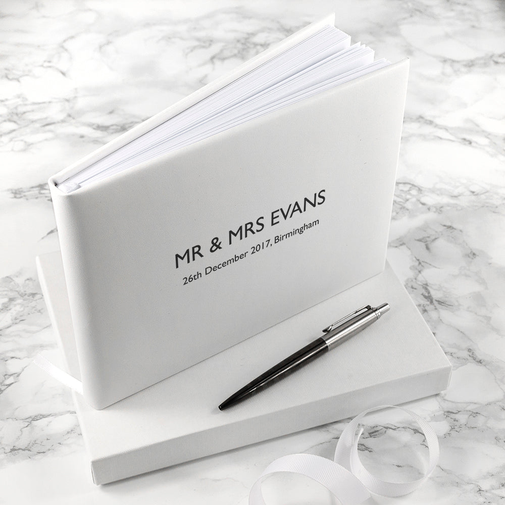 Engraved White Leather Wedding Guest Book - treat-republic