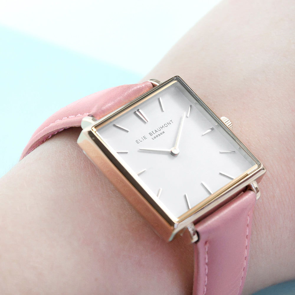 Personalised Pink Blush Square Leather Watch - treat-republic