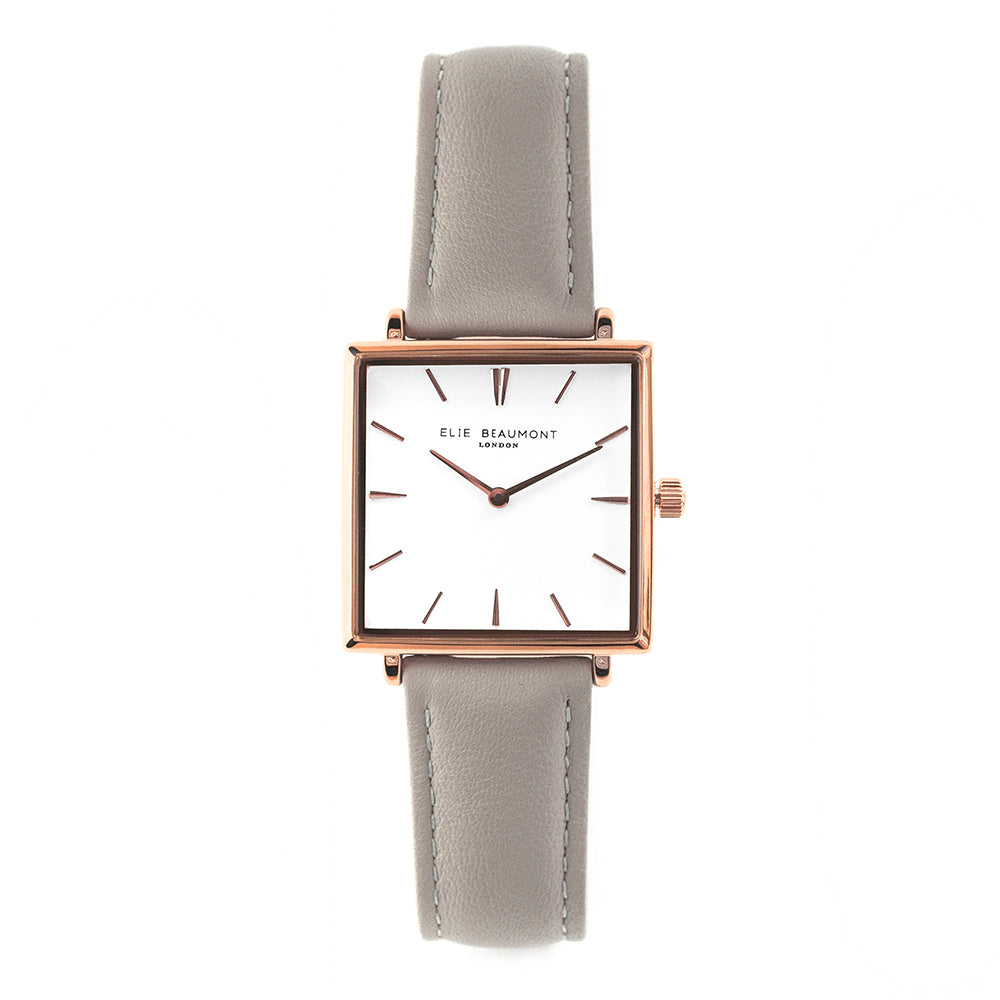 Elie Beaumont Personalised Ladies Shell Grey Square Leather Watch - treat-republic