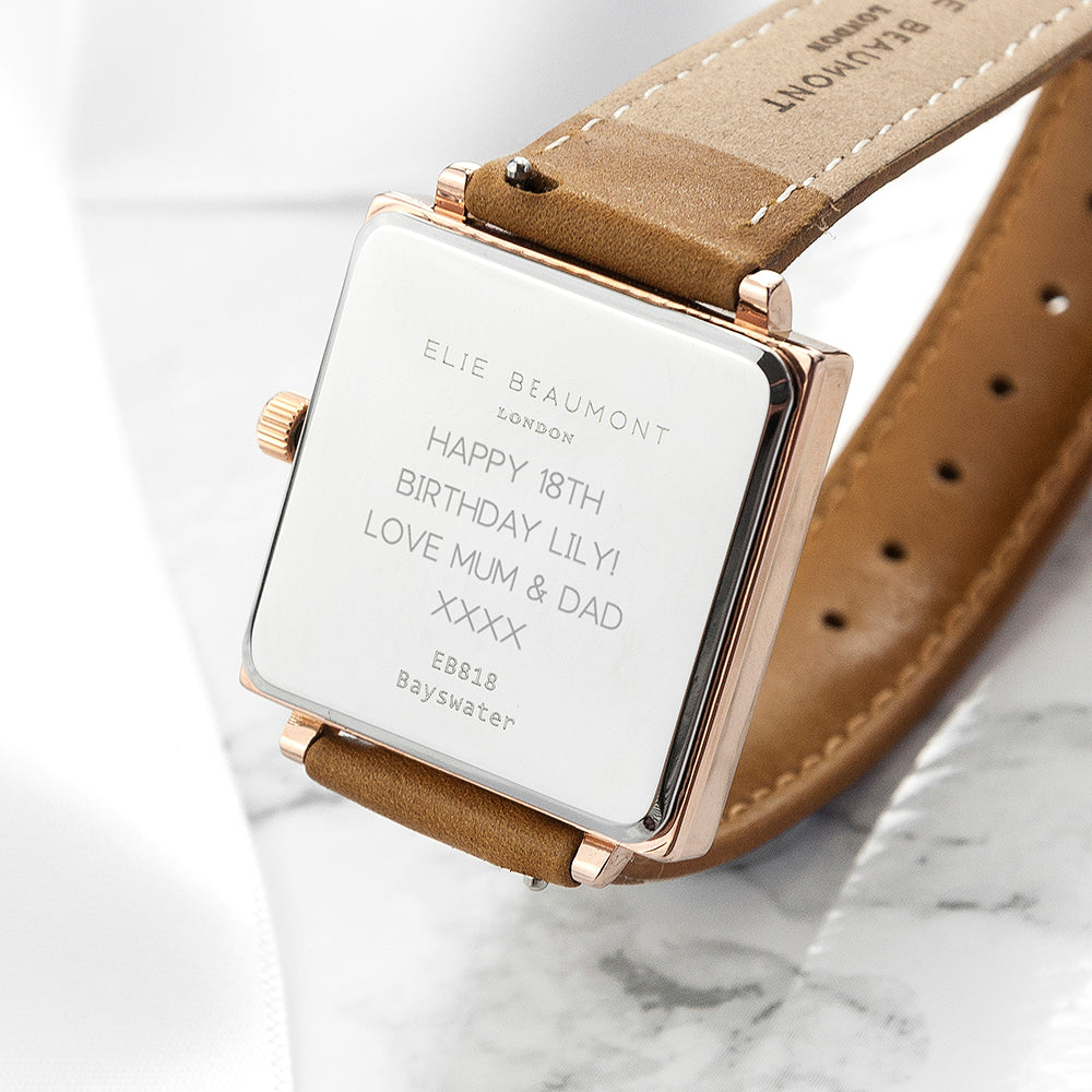 Elie Beaumont Personalised Ladies Tan Square Leather Watch - treat-republic