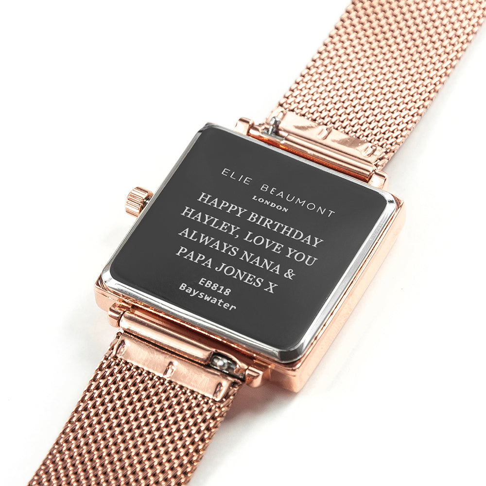 Elie Beaumont Personalised Ladies Rose Gold Metallic Square Watch - treat-republic