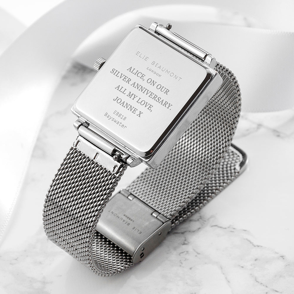 Elie Beaumont Personalised Ladies Silver Metallic Square Watch - treat-republic