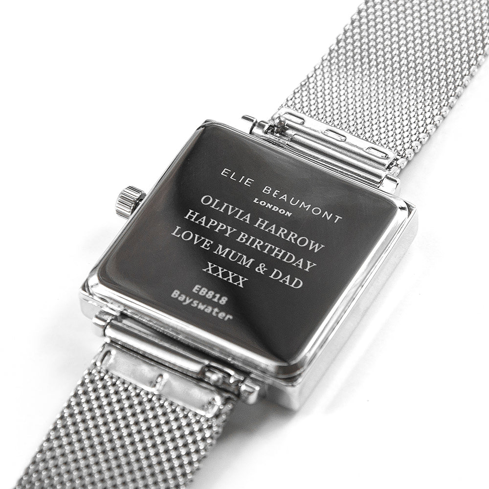 Elie Beaumont Personalised Ladies Silver Metallic Square Watch - treat-republic