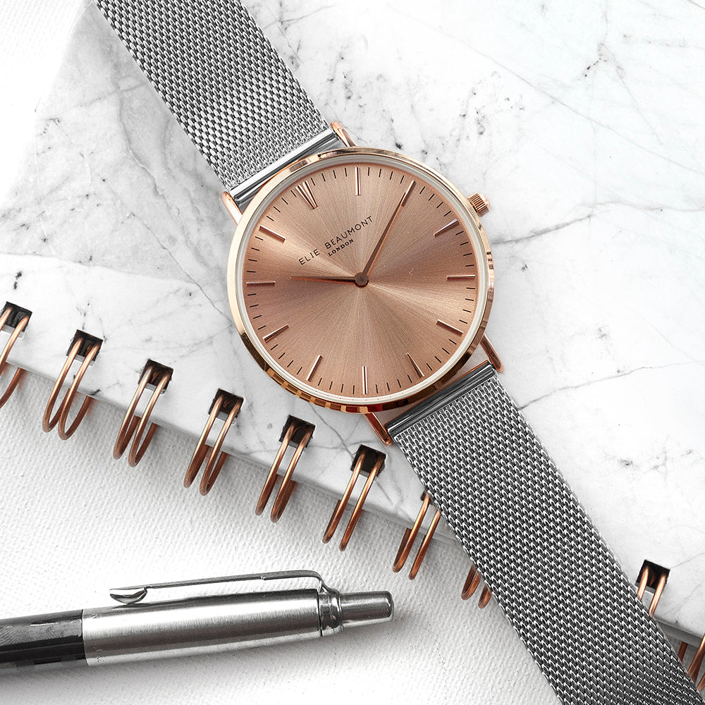 Elie Beaumont Personalised Ladies Metallic Mesh Strap Watch With Rose Gold Dial - treat-republic