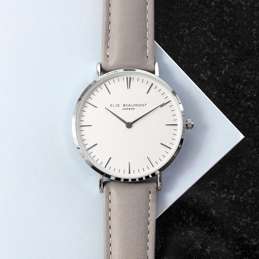 Elie Beaumont Ladies Personalised Leather Watch In Grey & Silver - treat-republic