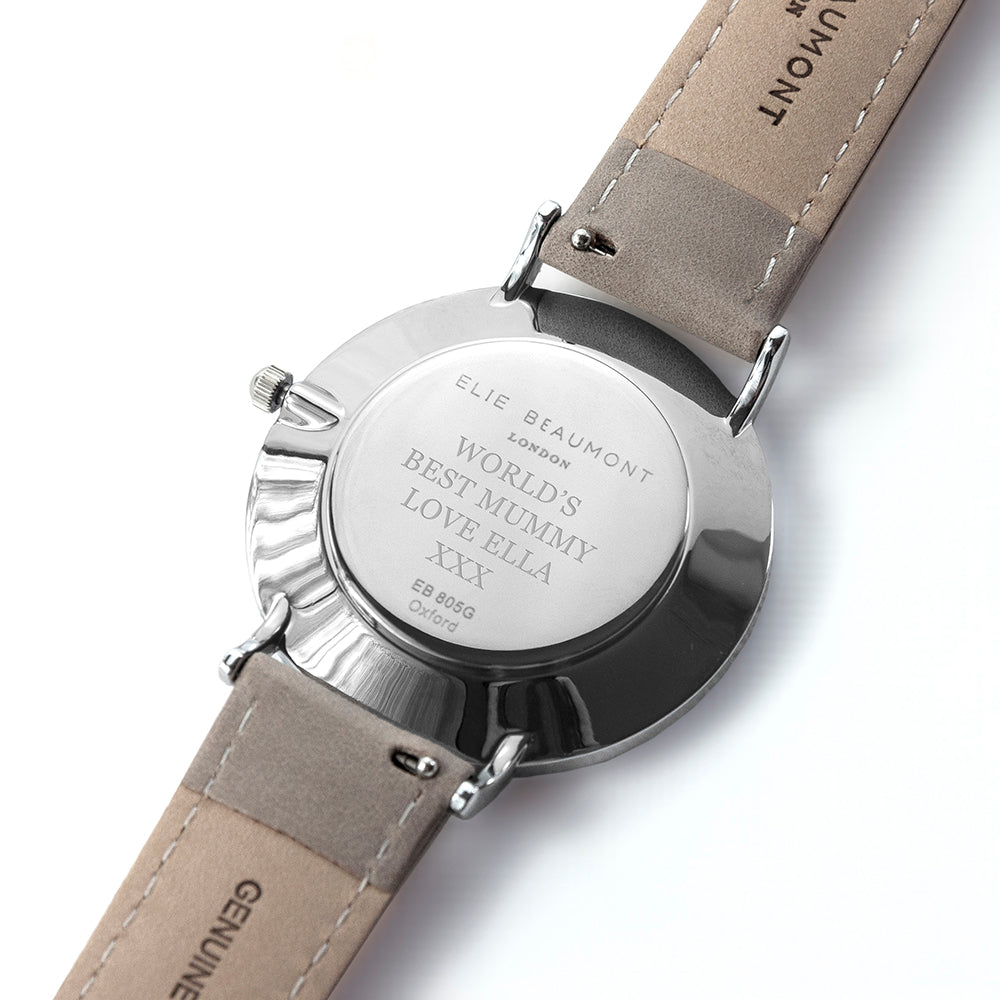 Elie Beaumont Ladies Personalised Leather Watch In Grey & Silver - treat-republic