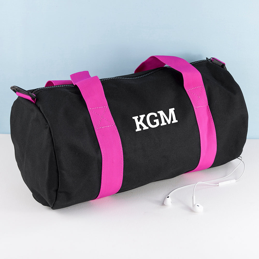 Monogrammed Barrel Gym Bag in Black & Fuchsia - treat-republic