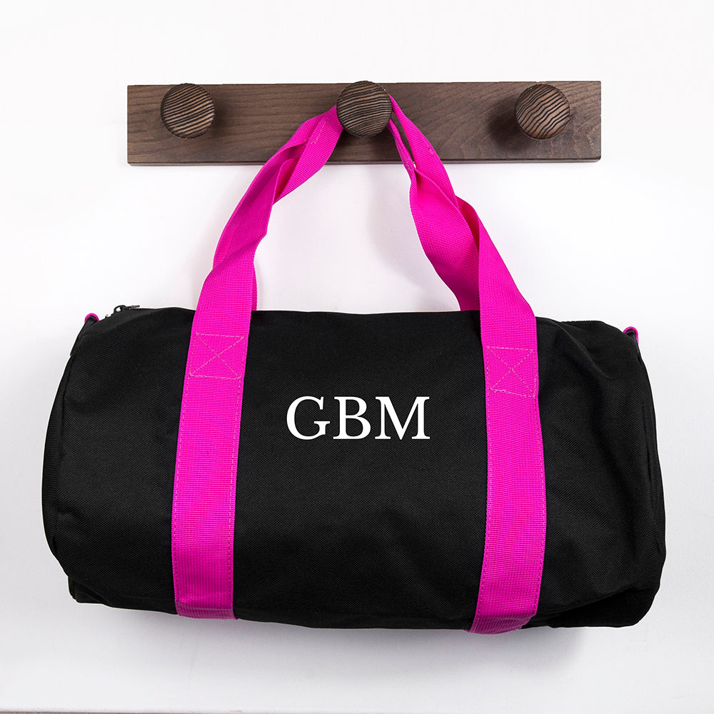 Monogrammed Barrel Gym Bag in Black & Fuchsia - treat-republic