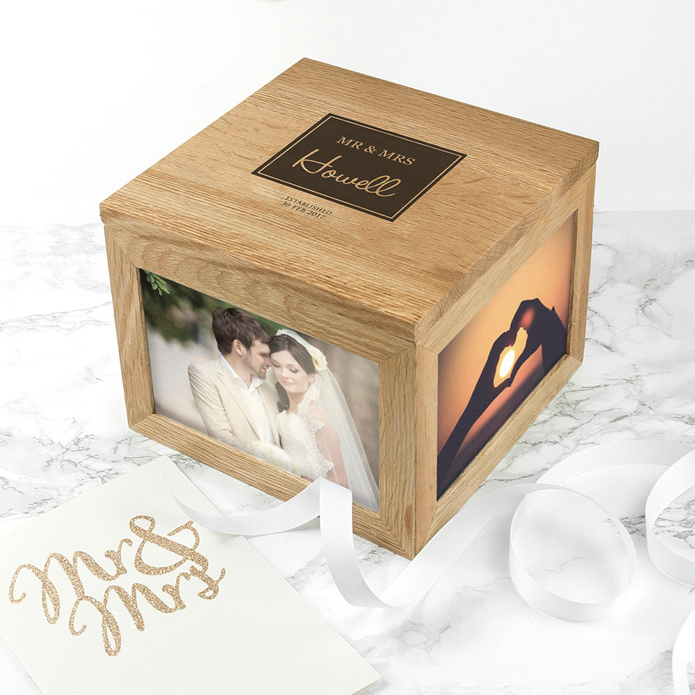 Contemporary Mr & Mrs Oak Photo Keepsake Box - treat-republic
