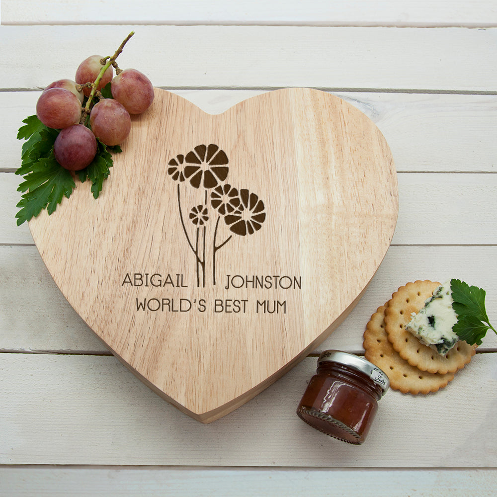 Worlds Best Mum with Daisy Flowers Heart Cheese Board - treat-republic