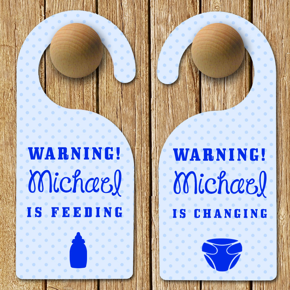 Personalised Baby Warning Door Hanger in Blue - treat-republic