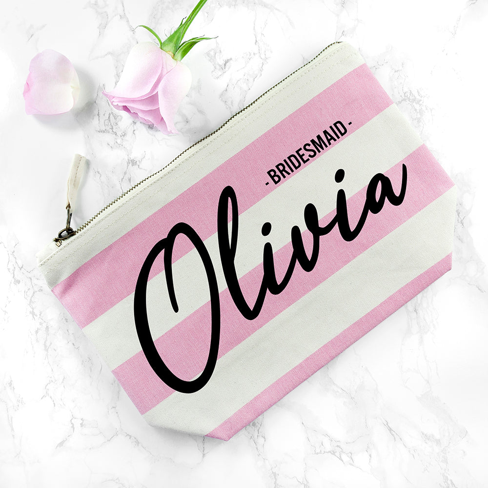 Personalised Bridesmaid Black On Pink Striped Cosmetic Bag - treat-republic