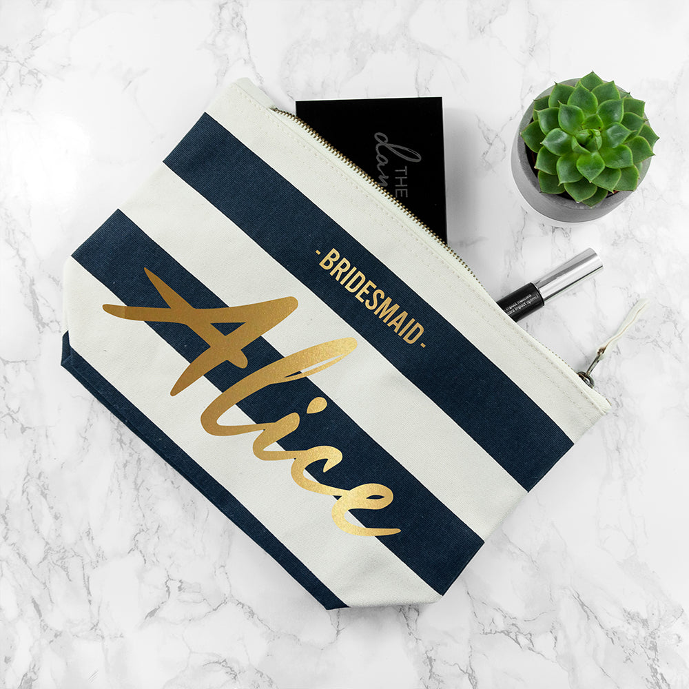 Personalised Bridesmaid Gold On Navy Striped Cosmetic Bag - treat-republic
