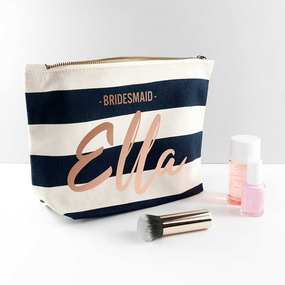 Personalised Bridesmaid Rose Gold On Navy Striped Cosmetic Bag - treat-republic