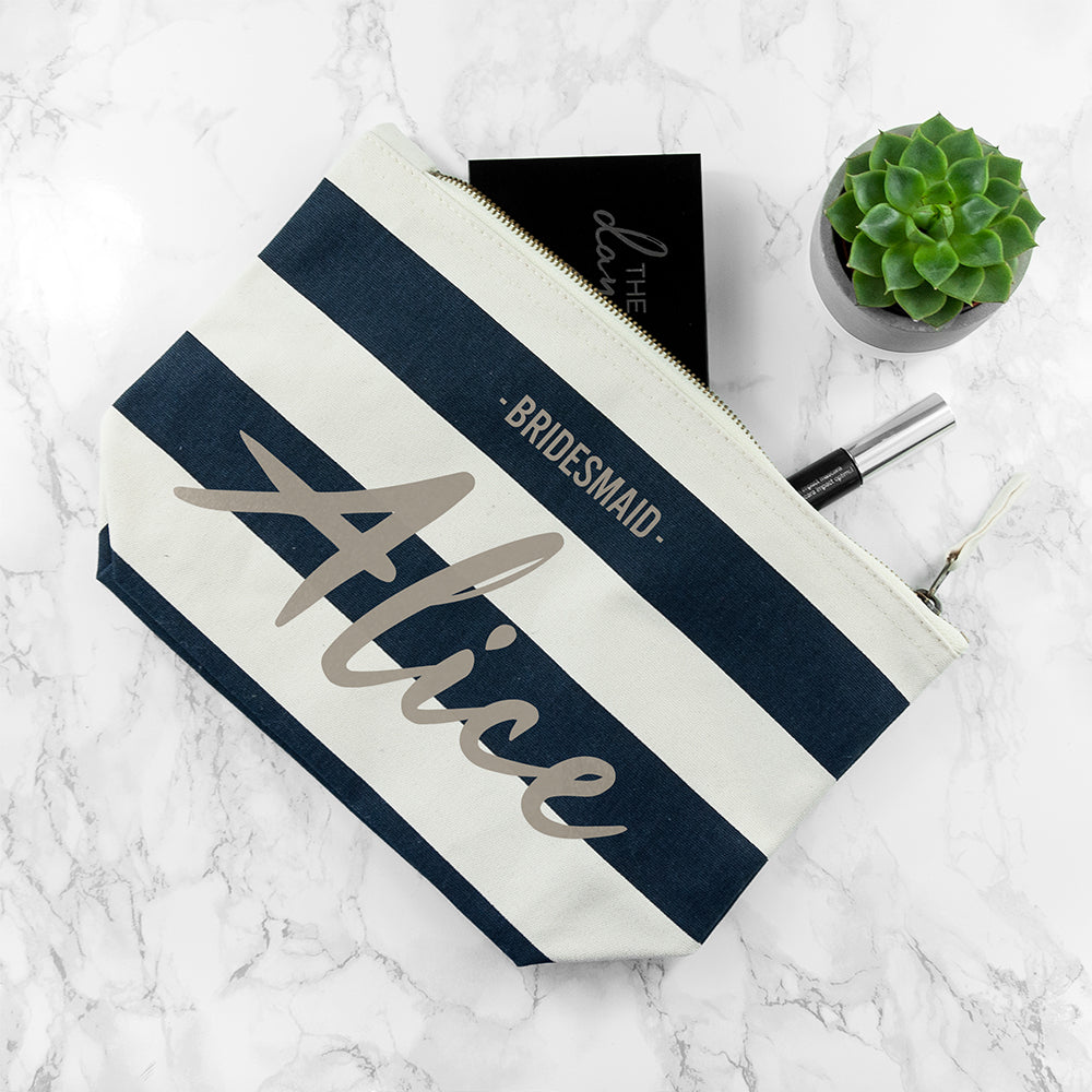 Personalised Bridesmaid Silver On Navy Striped Cosmetic Bag - treat-republic