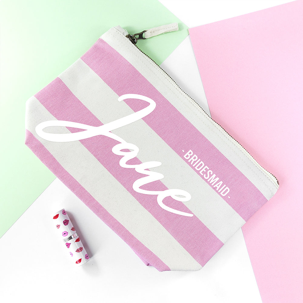 Personalised Bridesmaid White On Pink Striped Cosmetic Bag - treat-republic