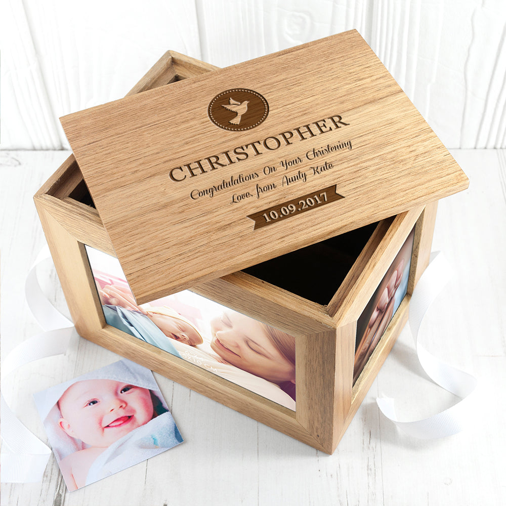 Personalised Christening Cross Midi Oak Photo Cube Keepsake Box - treat-republic