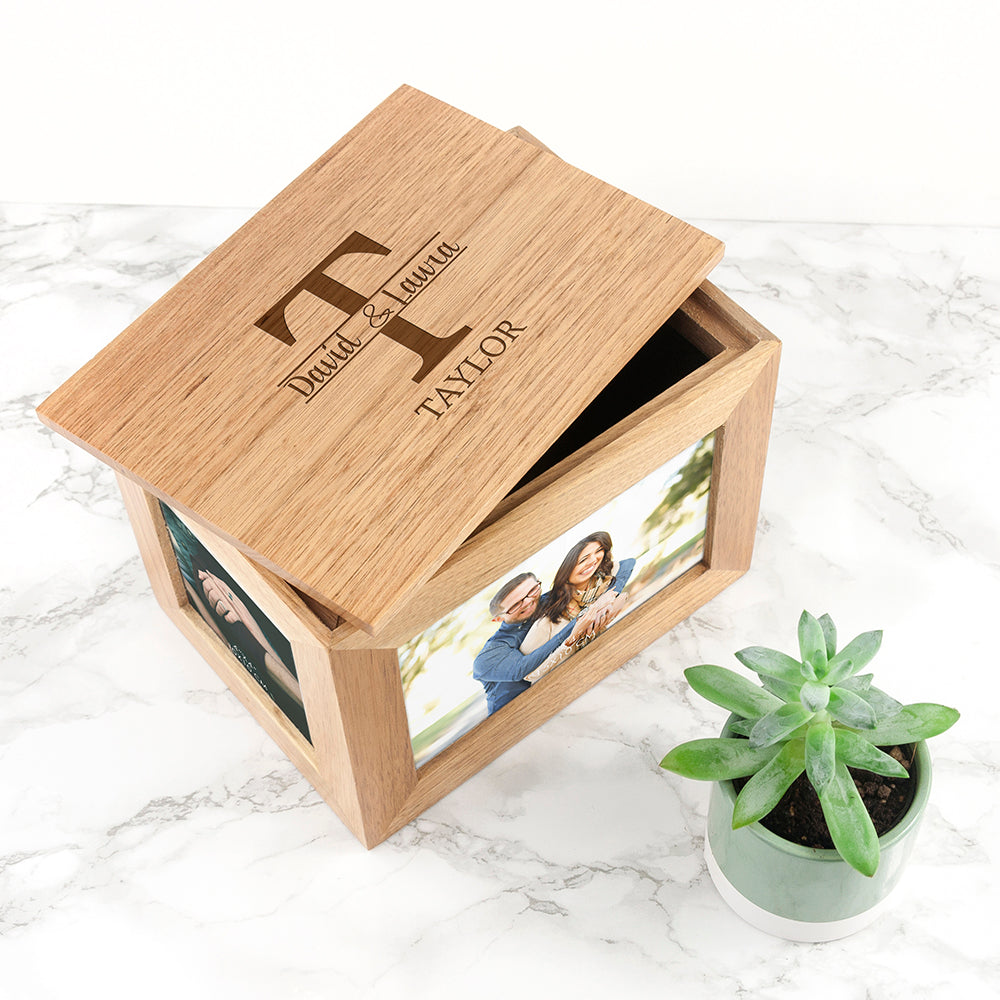 Personalised Couple Monogram Midi Oak Photo Cube Keepsake Box - treat-republic