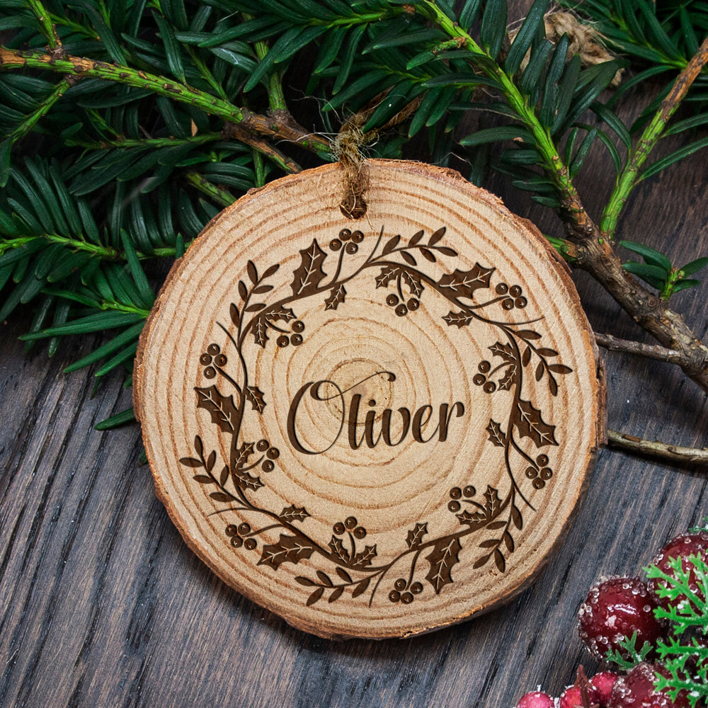 Personalised Engraved Holly Wreath Christmas Tree Decoration - treat-republic