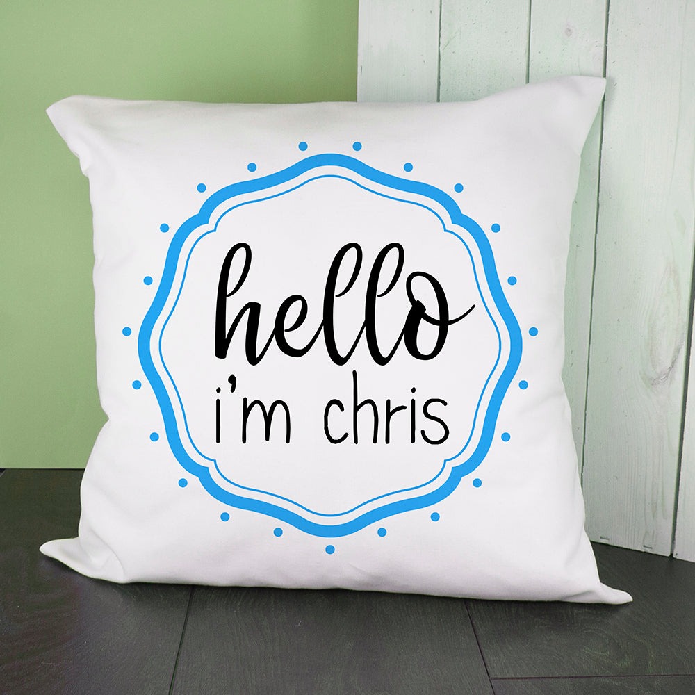Personalised Hello Baby In Blue Frame Cushion Cover - treat-republic