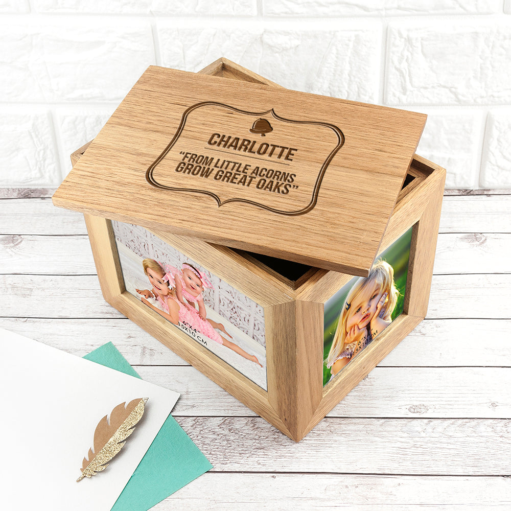 Personalised Little Acorn Midi Oak Photo Cube Keepsake Box - treat-republic