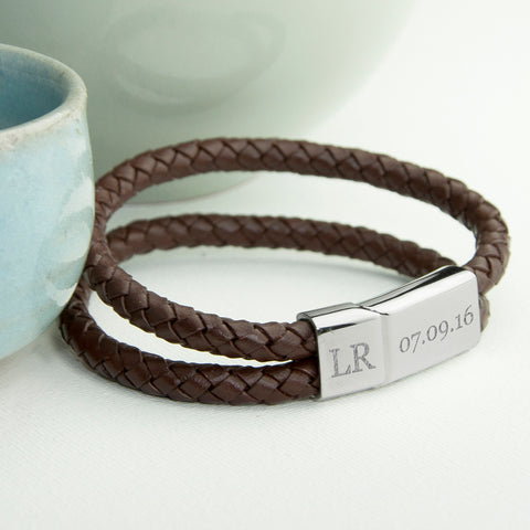 Personalised Men's Dual Leather Woven Bracelet In Umber - treat-republic
