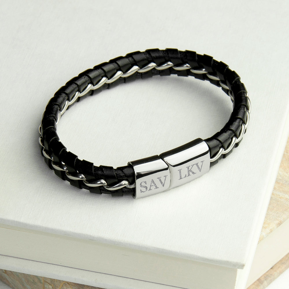 Personalised Men's Metal Detailed Leather Bracelet - treat-republic