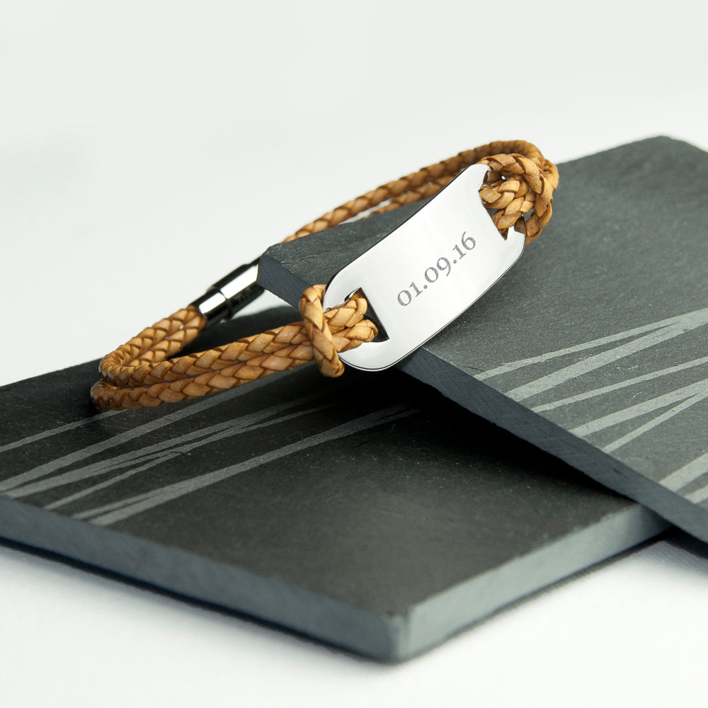Personalised Men's Statement Leather Bracelet in Standstone - treat-republic