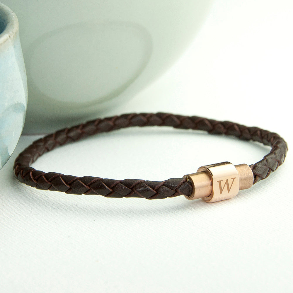 Personalised Men's Woven Leather Bracelet With Gold Clasp - treat-republic