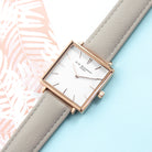 Elie Beaumont Personalised Ladies Shell Grey Square Leather Watch - treat-republic