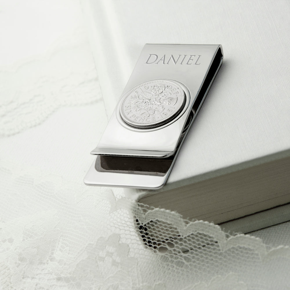 Personalised Silver Plated Lucky Sixpence Money Clip - treat-republic
