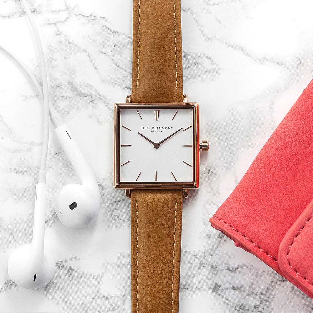 Elie Beaumont Personalised Ladies Tan Square Leather Watch - treat-republic