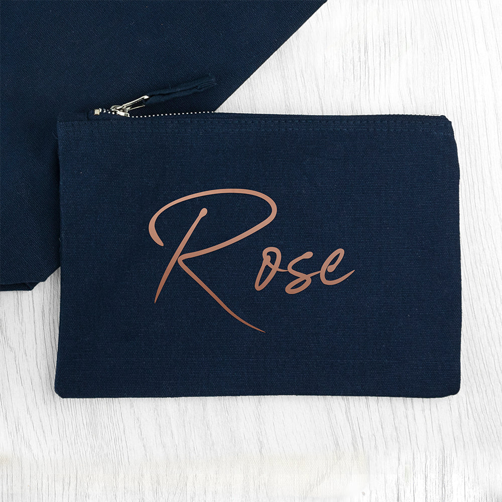 Rose Gold Personalised Navy Blue Makeup Bag - treat-republic
