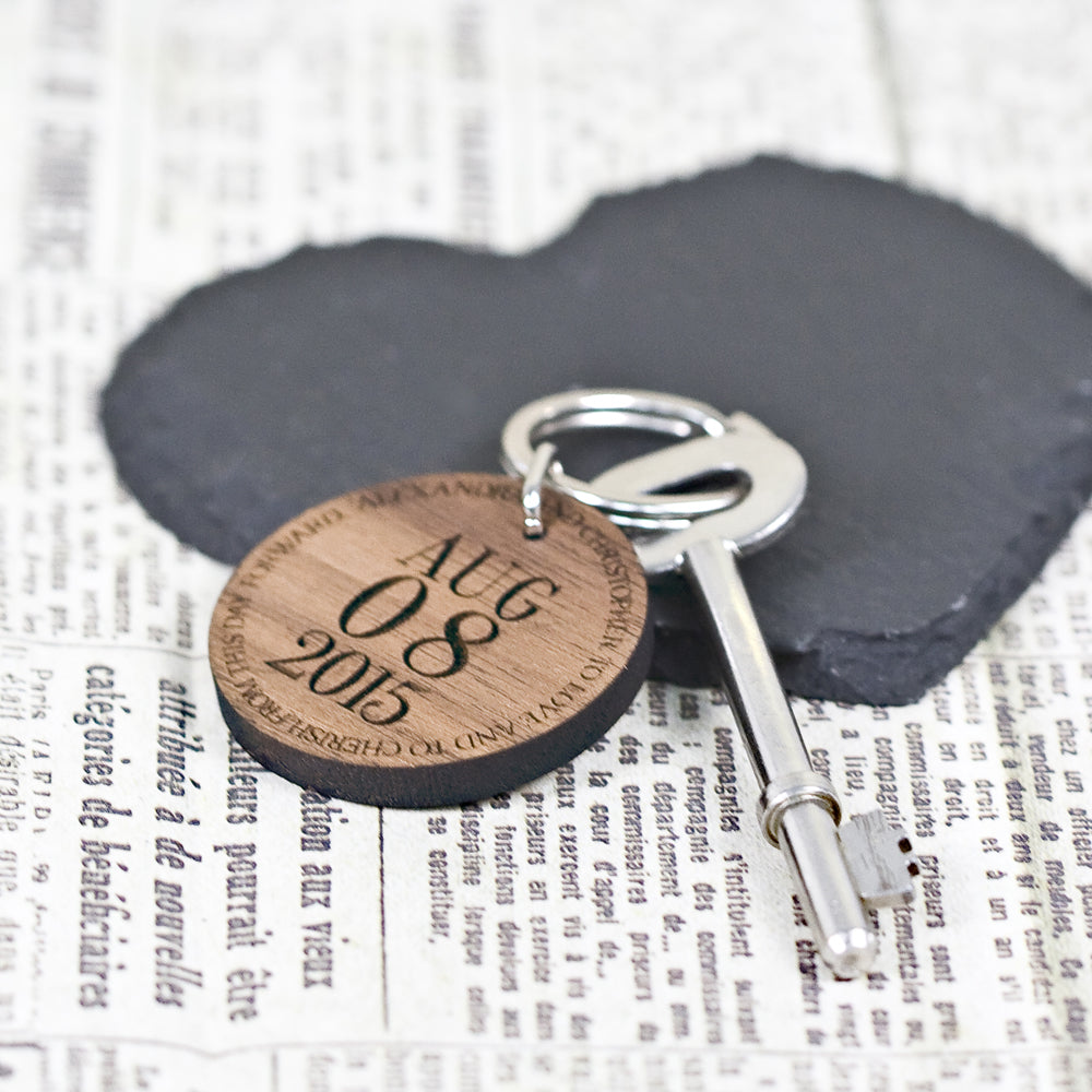 Round Key Ring with Date and Message - treat-republic