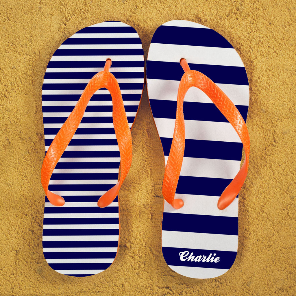 Striped Personalised Flip Flops in Blue and Orange - treat-republic